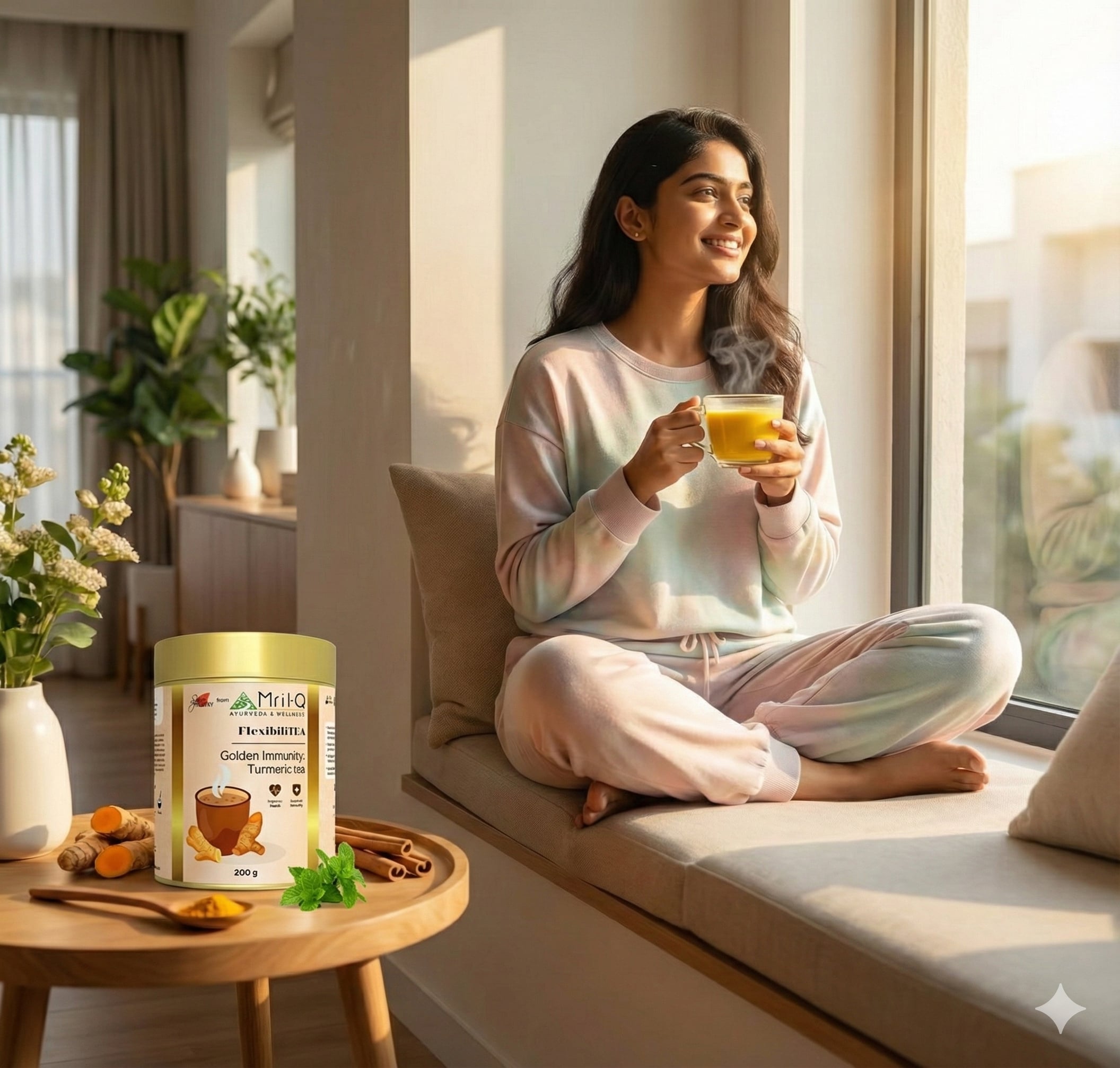 Woman enjoying golden turmeric tea by the window